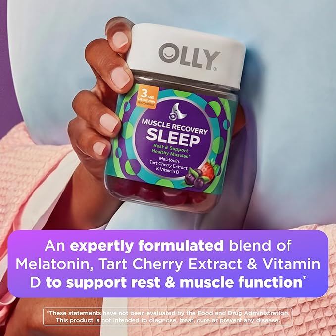 OLLY Muscle Recovery Sleep Gummies, Sleep and Sore Muscle Support, 3mg Melatonin, Tart Cherry, Vitamin D, Berry Flavor - 40 Count