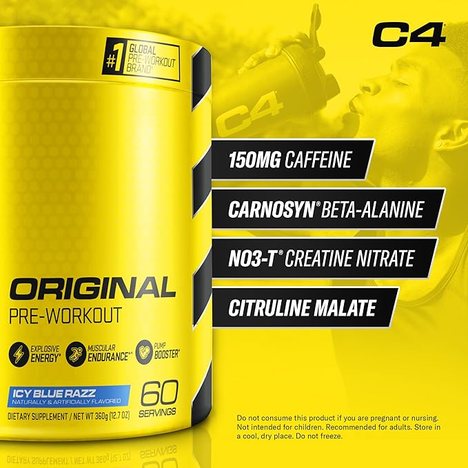 C4 Original Pre Workout Powder Icy Blue Razz - Vitamin C for Immune Support - Zero Sugar Preworkout Energy for Men & Women - 150mg Caffeine Plus Beta Alanine Plus Creatine - 60 Servings