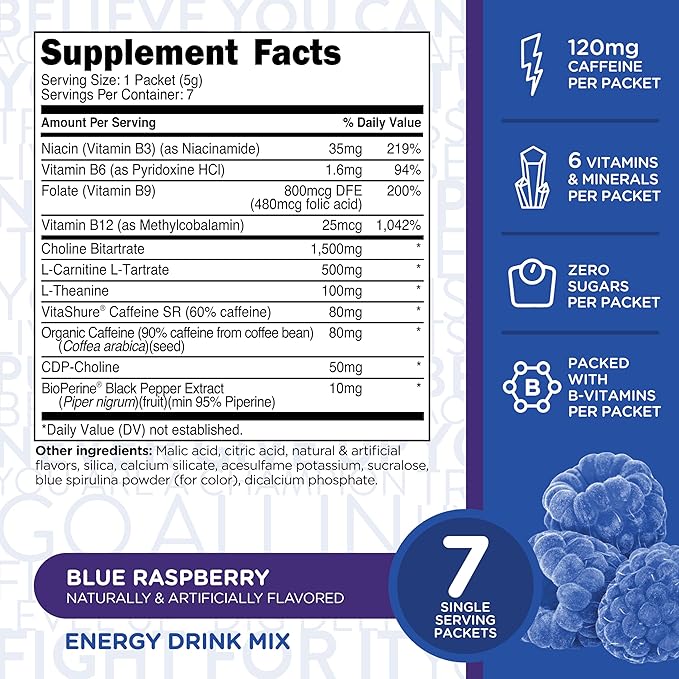 TransformHQ Boost Shot Powder Drink Stick Packets, Blue Raspberry, 7 Pack, Energy Supplements for Women & Men, with Caffeine, Vitamin B12, B9, B6 & B3