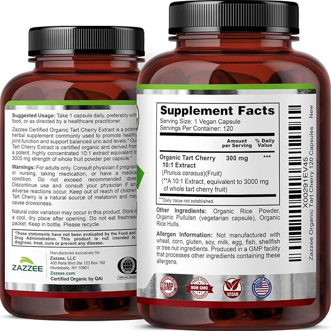 Zazzee USDA Organic Tart Cherry 10:1 Extract, 120 Vegan Capsules, 4 Month Supply, Montmorency Cherry, Daily Wellness Antioxidant Support, Organic Herbal Supplement, All-Natural, Non-GMO, Made in USA
