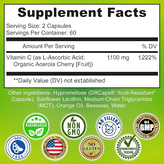 Liposomal Vitamin C Liquid Gel Capsules - 1100mg - Made with Organic Acerola Cherries, High Potency Vitamin C Liposomal Immune Support Supplement with Enhanced Absorption & Bioavailability - 120 count