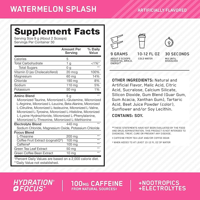 Optimum Nutrition Amino Energy Powder Plus Focus, with BCAA, Electrolytes, and Caffeine, Watermelon, 30 Servings (Packaging May Vary)