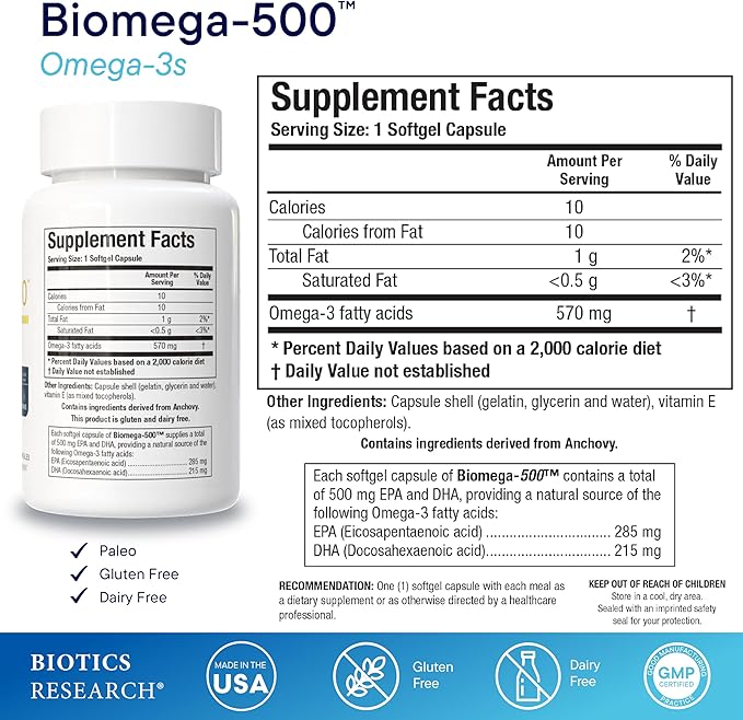 Biotics Research Biomega 500 Omega 3 Fish Oil Supplement, Highly Concentrated Fish Oil with EPA/DHA, Omega 3 Fatty acids, Supports Immune and Cardiovascular 90 Softgel Capsules