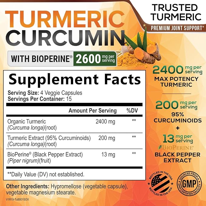 Turmeric Curcumin Supplement - 2400mg Organic Turmeric Per Serving - 95% Curcuminoids & BioPerine Black Pepper Extract for Best Absorption - Natural Vegan Joint Support - Bottled in USA - 60 Capsules