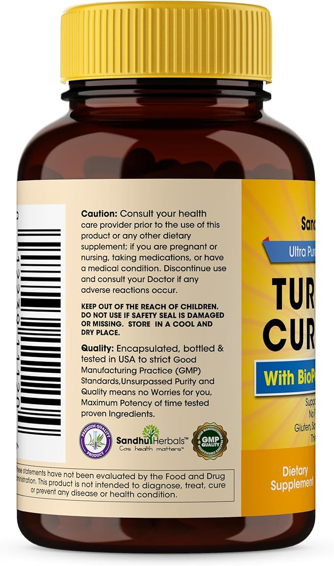 SANDHUHERBALS Organic Turmeric Curcumin 120 Capsules with Bioperine Black Pepper Extract Supplement | 1500mg with 95% Curcuminoids | Immune Support