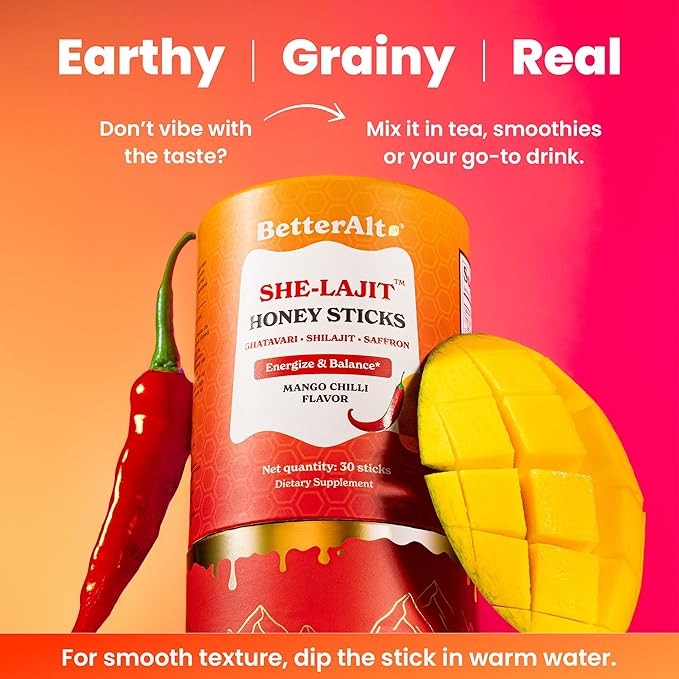 Better Alt She-Lajit Honey Sticks Mango Chilli Flavor | with Shatavari, Shilajit & Saffron | 85+ Nutrients for Vitality & Stamina| 30 Sticks