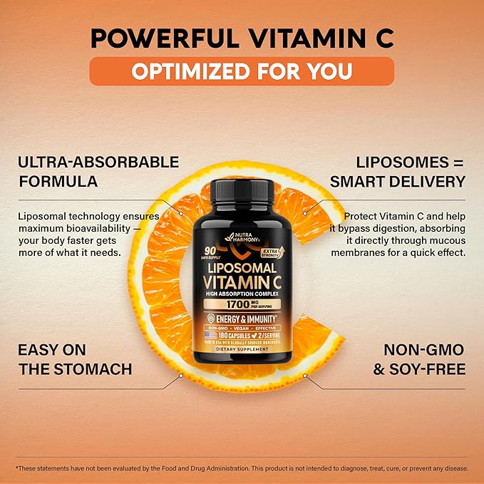 Liposomal Vitamin C 1700 mg - High Absorption Fat Soluble Complex - Antioxidant, Energy Boost & Immune Support - Vitamin C Supplement Made in USA - NON-GMO, SOY-Free & Gentle on Stomach - 180 Capsules