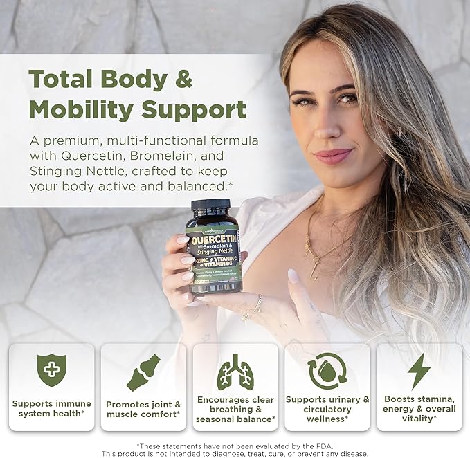 Quercetin with Vitamin C and Zinc - Nettle Quercetin - Quercetin 500mg - Quercetin with Bromelain - Zinc Quercetin + Vitamin D3 - 120 Veggie Caps - (Non-GMO, Gluten-Free, Vegan) - 2 Month Supply