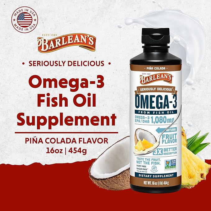 Barlean's Omega 3 Fish Oil Liquid Supplement for Men and Women, 1080mg of EPA and DHA Fatty Acid, Promotes Brain & Heart Health - Non-GMO, Pina Colada, 16 oz