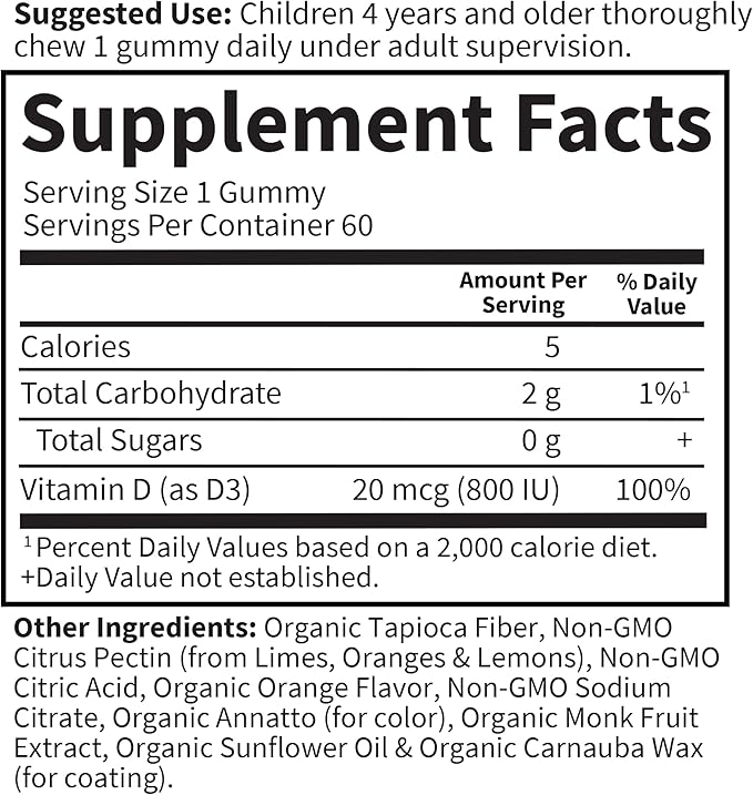 Garden of Life Kids Organic Vitamin D3 Gummies with 800 IU (100% Daily Value) for Strong Bones,Teeth,Brain & Immunity – Non-GMO,No Gluten,Vegetarian,Sugar Free,Orange Flavor,60 Count(Pack of 2)