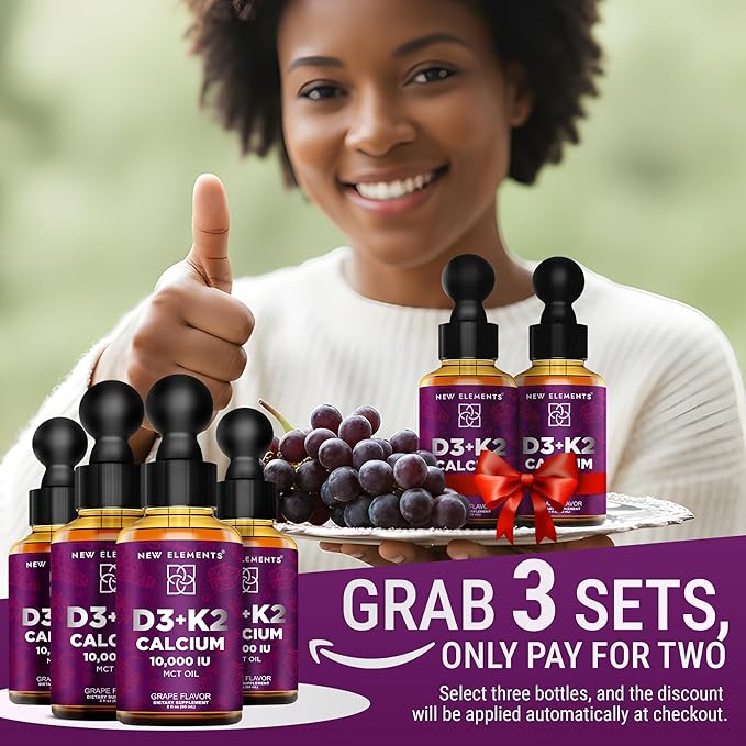 New Elements [2 𝐏𝐚𝐜𝐤] Liquid Vitamin D3 K2 Drops with Calcium for Adults | Vitamin D3 10,000 IU | D3 K2 with Calcium for Bone Health & Immunity Support | Joint Health Supplement | Non-GMO | Vegan
