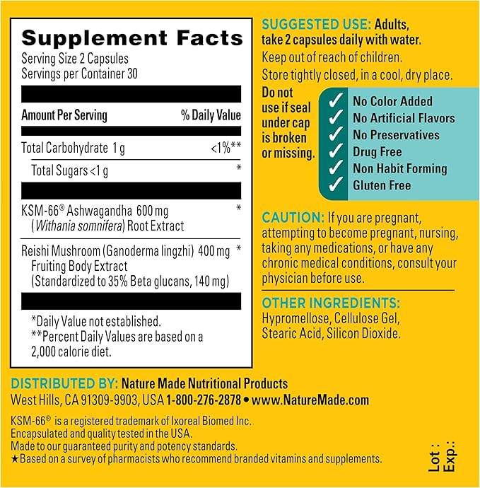 Nature Made Ashwagandha KSM 66 + Reishi Mushroom Capsules, Stress Relief Blend Ashwagandha and Mushroom Supplement, 60 Capsules, 30 Day Supply