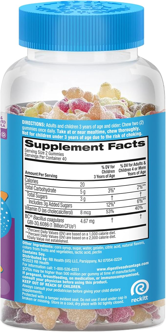 Digestive Advantage Daily Probiotic Gummy for Kids, Multi, Natural Fruit Flavours, 80.0 Count (Pack of 2)