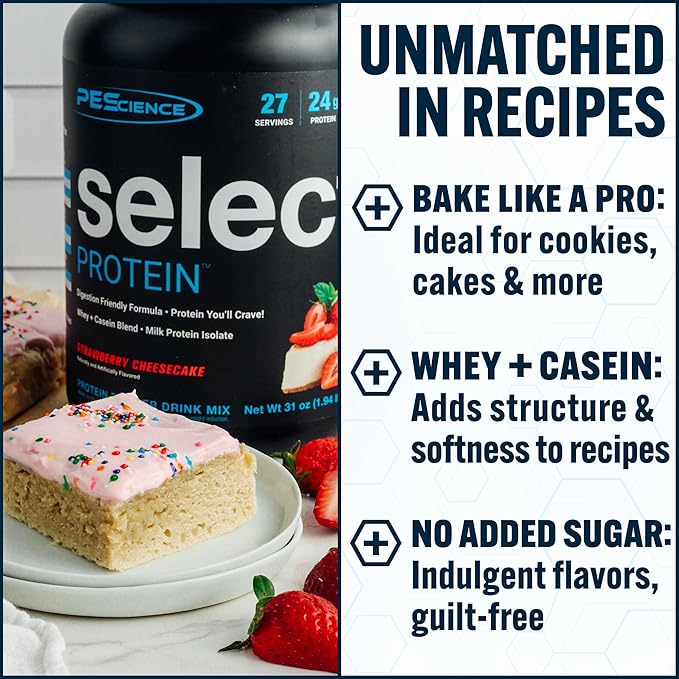 PEScience Select Protein Powder, Whey and Casein Blend, Gluten Free, Low Carb Protein Powder for Women and Men, Low Calorie, Keto Friendly - Strawberry Cheesecake, 27 Servings