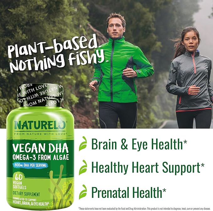 NATURELO Vegan DHA - Omega 3 Oil from Algae - Supplement for Brain, Heart, Joint, Eye Health - Provides Essential Fatty Acids for Women, Men and Kids - Complements Prenatal Vitamins - 60 Softgels