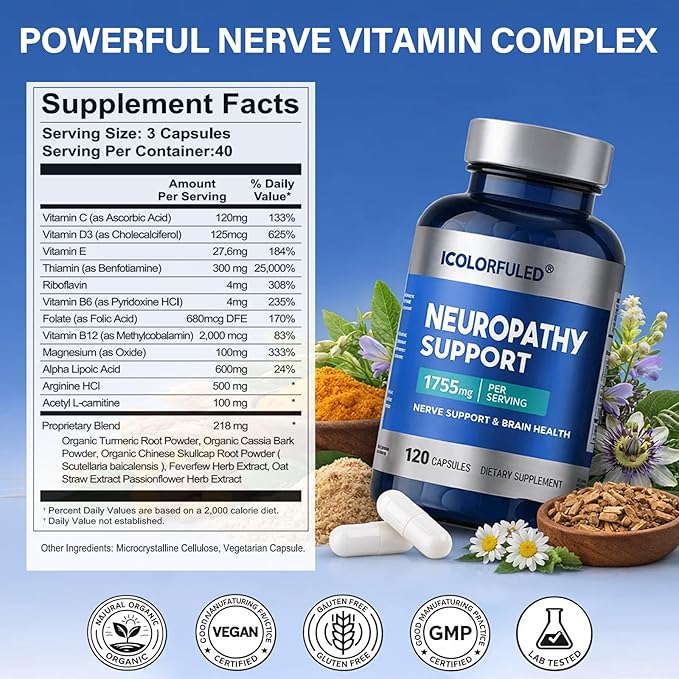 icolorfuled Neuropathy Supplements, Nerve Savior for Neuropathy with 600 Mg Alpha Lipoic Acid & B Vitamins, Fortify Nerves in Fingers, Hands, Neck, Toes, & Feet, 120 Capsules | 40-Day Supply