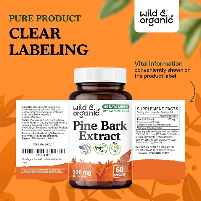 Wild & Organic Pine Bark Extract Capsules 300 mg - Antioxidant Support - 95% Proanthocyanidins - 60 Capsules - French Maritime Pine Bark Extract - 2-Month Supply - Pinus Maritima - Vegan, Non-GMO