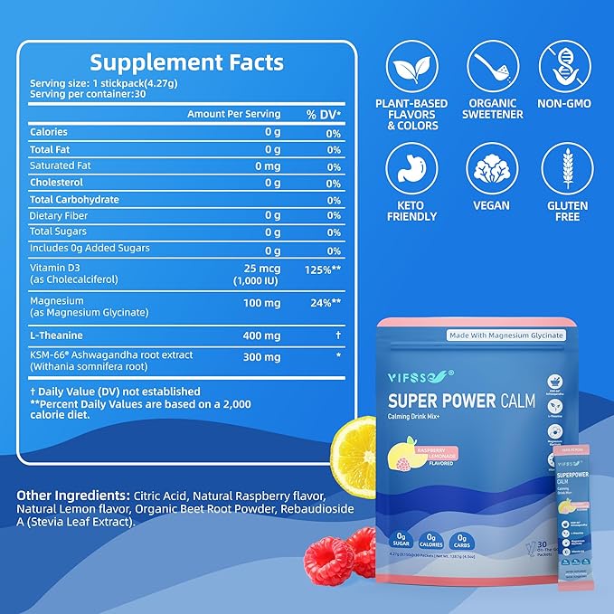 Super Power Calming Powdered Drink Mix, Raspberry Lemonade 30 Packets, L-Theanine, Ksm-66 Ashwagandha, Magnesium Glycinate, Vitamin D3 Supplements, Sugar-Free, Non-GMO for Relax & Focus