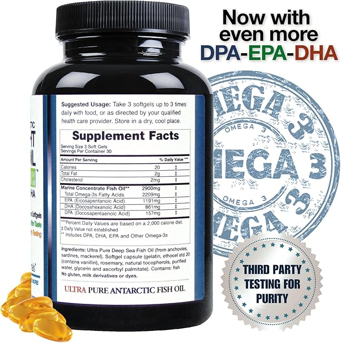 Fish Oil Omega-3 Supplement – Wild Caught DPA EPA DHA – 2900 mg Triple Strength – Burp-Free Softgels – 90 Count