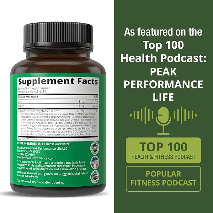 Peak Performance Zinc with Copper + Whole Food Blend of 25 Vegetables and Fruits for Max Absorption - Immune Support Supplement Capsules - Two Essential Minerals for Immunity - Pills for Men & Women