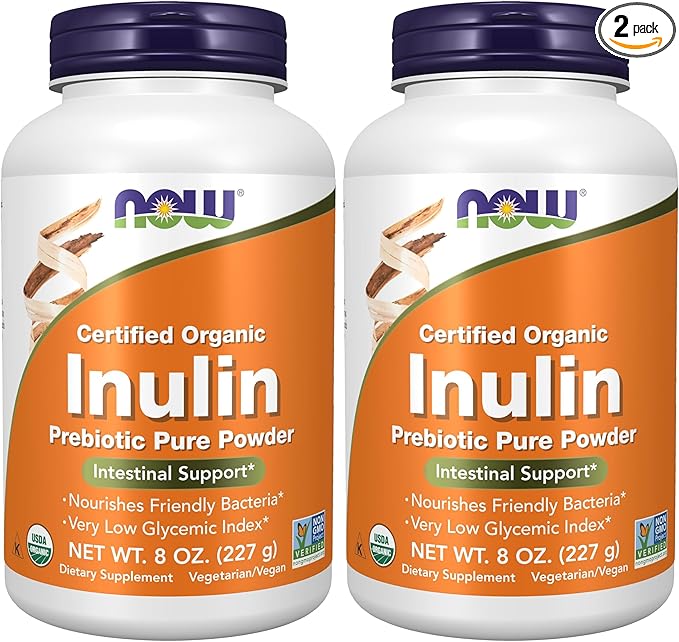 NOW Foods Supplements, Inulin Prebiotic Pure Powder, Certified Organic, Non-GMO Project Verified, Intestinal Support*, 8-Ounce (Pack of 2)