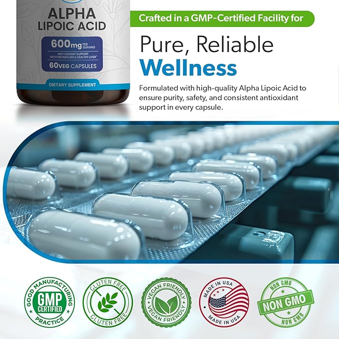Alpha Lipoic Acid 600mg – ALA Supplement for Energy & Metabolism Support – Antioxidant for Cellular Wellness, Healthy Aging & Immune Balance – Alpha Lipoic Acid - 60 Capsules, Made in USA