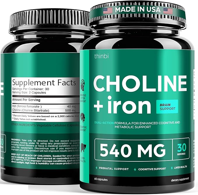 Thinbi Choline 500mg Prenatal Supplement with Iron 40mg – Prenatal Vitamins for Women – Pregnancy Brain, Memory & Cognitive Support – Ferrous Fumarate, Vegan – 30 Servings