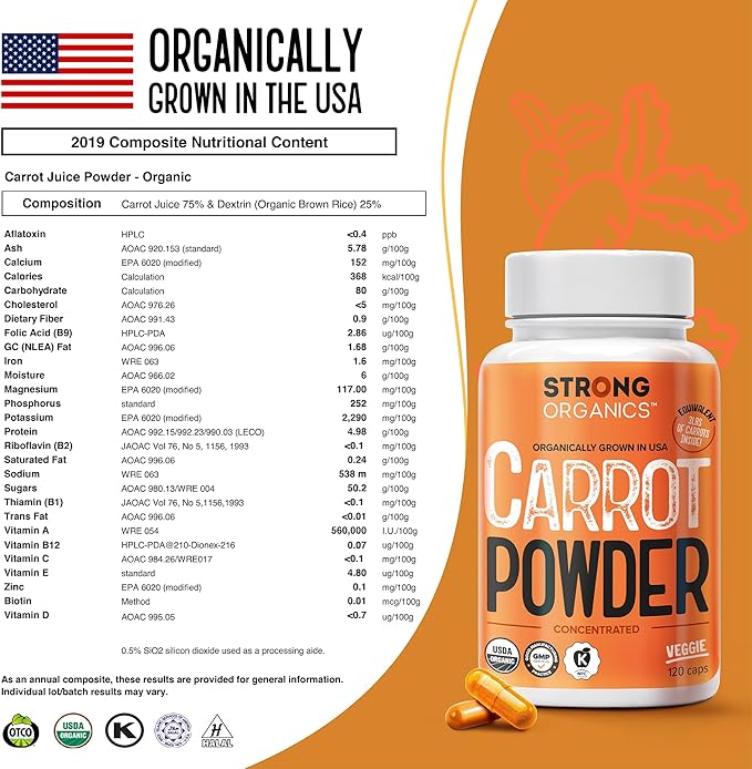USA Grown Organic Carrot Juice Powder Capsules – Raw Cold-Pressed for Maximum Nutrients – Rich in Beta Carotene for Eye Support & Skin Health – Whole Food Vitamin A – 120 Vegan Pullulan Caps, Kosher