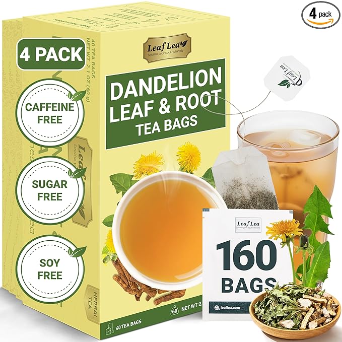LeafLea Dandelion Root and Leaf Tea Bags, 160 Count (4 Pack), Natural Dandelion Tea for Gut Health, Roasted Dandelion Root Herbal Blend, Caffeine-Free, Vegan, Te de Diente de Leon