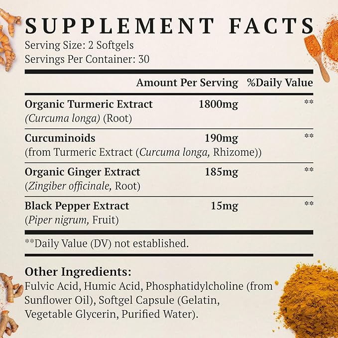 Liposomal Turmeric Curcumin Supplement 2000mg, 95% Standardized Curcuminoid Extract & Organic Root Powder with Piperine Black Pepper Fruit (15mg), 60 softgels