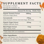 Liposomal Turmeric Curcumin Supplement 2000mg, 95% Standardized Curcuminoid Extract & Organic Root Powder with Piperine Black Pepper Fruit (15mg), 60 softgels