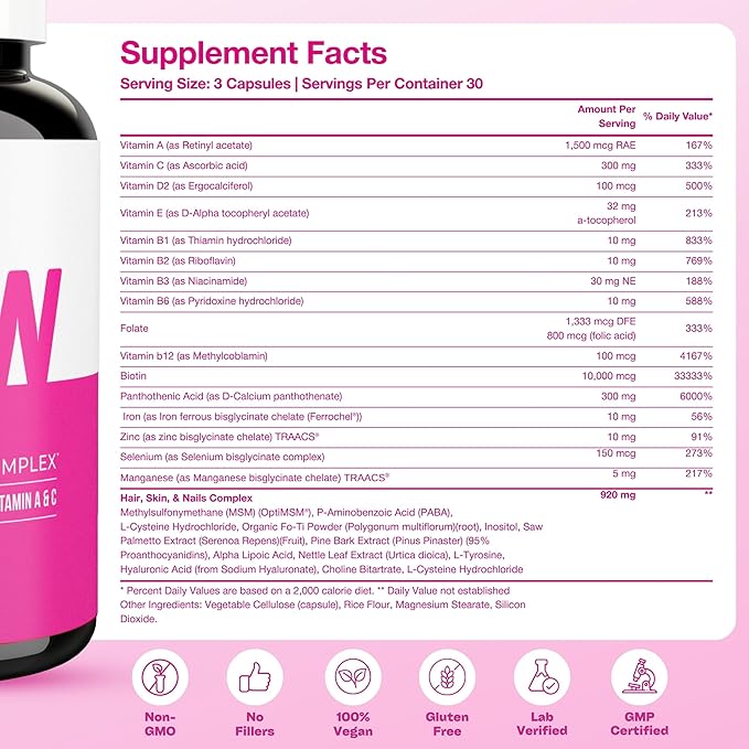 GOBIOTIX Hair Skin and Nails Vitamin Supplement - 10000mcg Biotin Pills with Hyaluronic Acid, Folate, Iron, Magnesium, and Zinc - Collagen Production, Hair Growth - 60 Servings