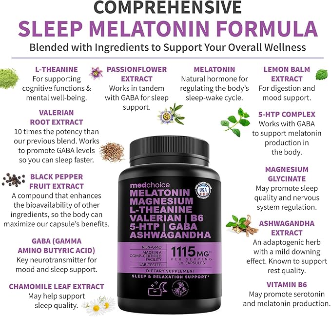 12-in-1 Melatonin Sleep Capsules - Natural Sleep Aids for Adults with Melatonin 5mg and Magnesium Glycinate 500mg, Sleep Aid with Ashwagandha, L Theanine, Valerian Root, GABA, 5-HTP (90ct, Pack of 3)