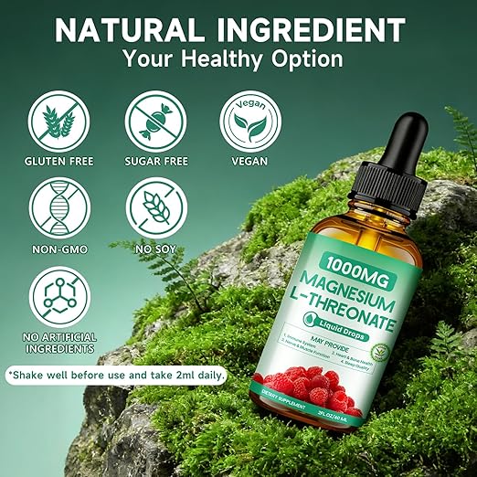 Magnesium L-Threonate 1000mg, Magnesium Threonate Enriched with Theanine, Apigenin, and Lemon Balm, Designed to Support Brain Health, Sleep & Memory, Featuring a Natural Raspberry Flavor, 60ml(1 Pack)