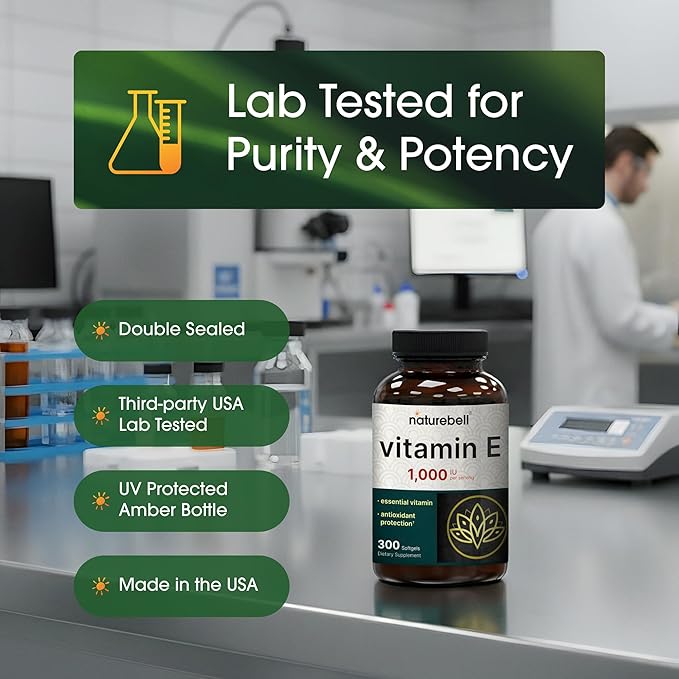 NatureBell Vitamin E 1,000 IU Per Serving - 300 Softgels - Antioxidant Supplement for Skin, Heart & Brain Health Support - High Bioavailability* - Gluten-Free & Non-GMO