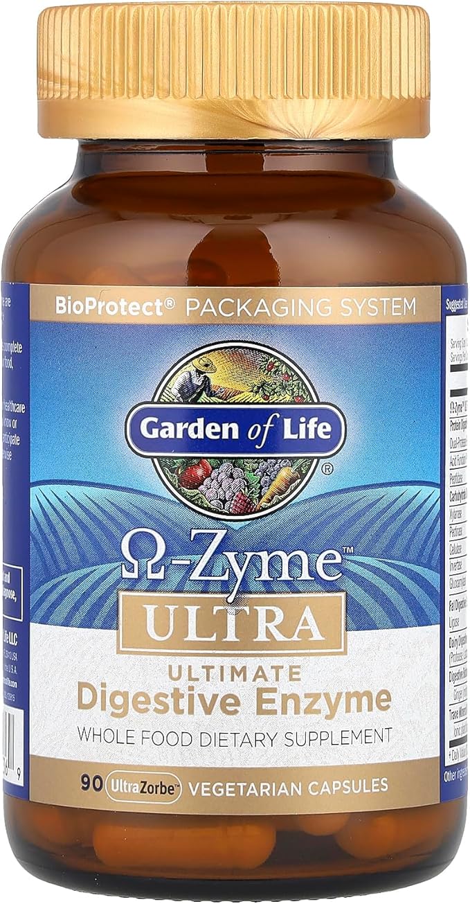 Garden of Life 21 Powerful Digestive Enzymes with Papain, Bromelain, Lipase, Plus Ginger and Turmeric - Omega-Zyme Ultra, Enzymes for Digestion Dietary Supplement, Vegetarian, 90 Capsules
