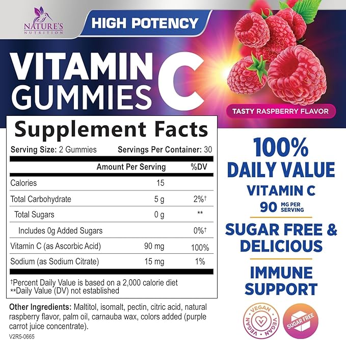 Vitamin C Gummies - 100% of Daily Vitamin C & Sugar Free - Immune Support with Powerful Antioxidants - Nature's Vegan VitaminC Dietary Supplement - Raspberry Flavor for Kids & Adults - 60 Gummies