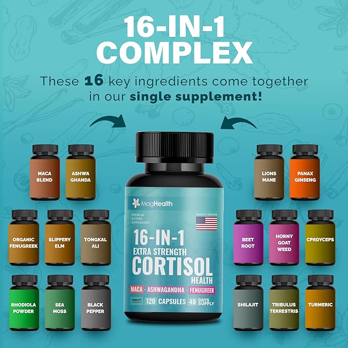 Cortisol Complex 16-in-1 Supplement for Women & Men | Stress Support Manager with Organic Ashwagandha, Maca Root, Rhodiola Rosea & Shilajit | Adaptogen Blend for Balance & Energy | 120 Capsules