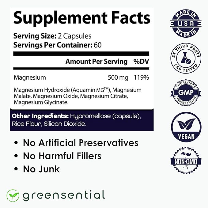 Greensential 5-in-1 Magnesium Complex 500mg | Glycinate, Malate, Citrate, Oxide & Aquamin® | Advanced Sleep, Muscle & Heart Support | Made in USA, Vegan, 120 Capsules