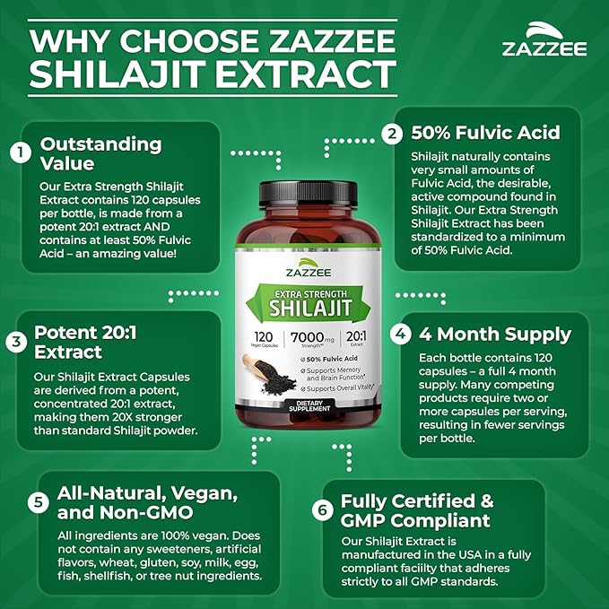Zazzee 100% Pure Himalayan Shilajit 20:1 Extract, 50% Fulvic Acid, 120 Vegan Capsules, 4 Month Supply, Rich in Trace Mineral, 20X Potency, Energy & Vitality Support, Non-GMO, Made in the USA