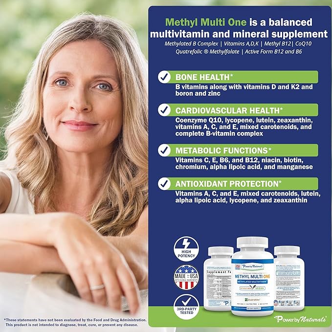 Power By Naturals Methyl Multi One – Iron-Free Methylated Multivitamin with Methyl B12, 5-MTHF, CoQ10 & Zinc – Methylation Support for Men & Women – 120 Capsules, 2-Pack (4-Month Supply)