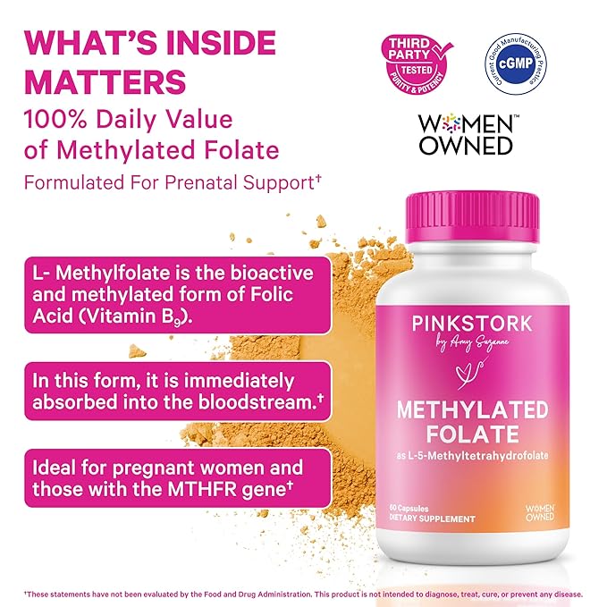 Pink Stork Folate: Methyl Folate - MTHFR Acid, Natural Form of Folic Acid for Pregnancy, Formulated for Mom + Baby, Women-Owned, 60 Capsules (Packaging May Vary)