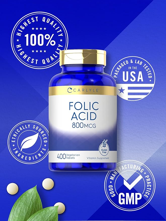 Carlyle Folic Acid 800 Mcg Tablets | 400 Count | Vegetarian, Non-GMO, Gluten Free Supplement