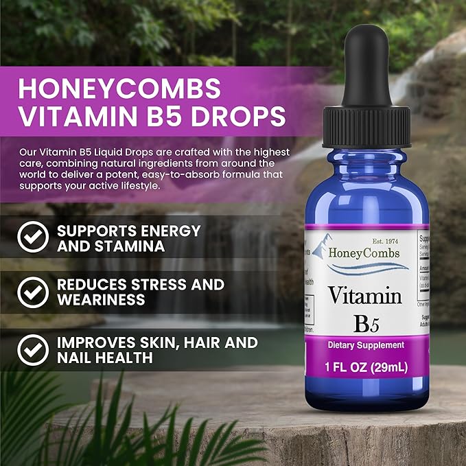 HoneyCombs Vitamin B5 Liquid Drops Pantothenic Acid 500% DV Liquid B5 Supplement Vegan Vitamin B Complex Liquid Fast Absorbing Vitamin Drops Daily Nutritional Support for Adults (8oz)
