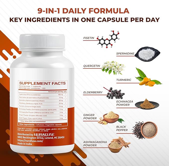 Fisetin 10-in-1 Formula - with Spermidine Quercetin Resveratrol, Elderberry, Turmeric Non-GMO, Gluten-Free, Soy-Free