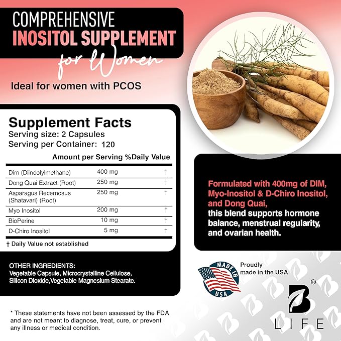 DIM Supplement 400 mg with Myo & D-Chiro Inositol, Dong Quai – Hormone Balance for Women – Fertility Supplements – Inositol Supplement - 240 Caps