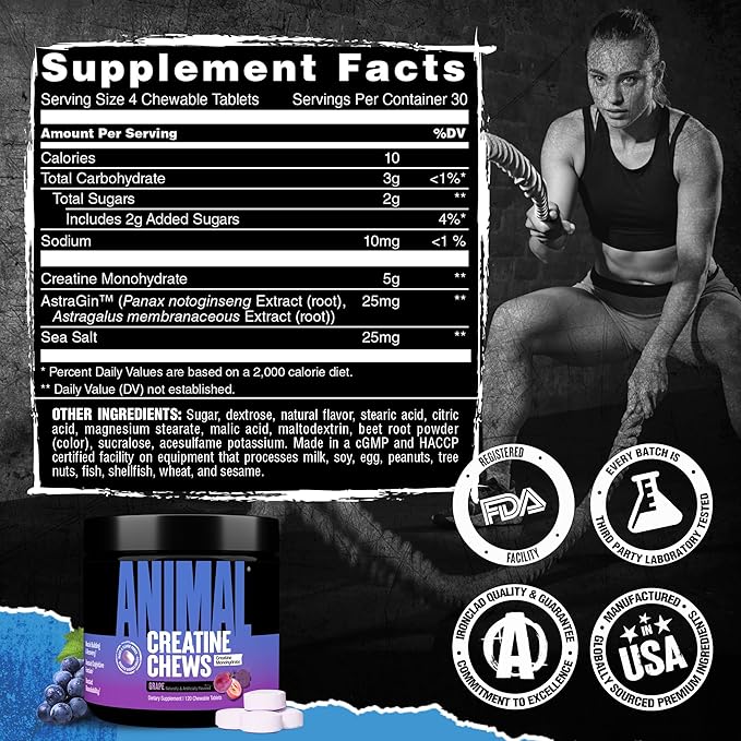 Animal Creatine Chews – 5g Creatine Monohydrate Tablets for Strength, Power & Training Recovery Support – Enhanced Absorption with AstraGin® – Convenient Chewable Format – 120 Tablets