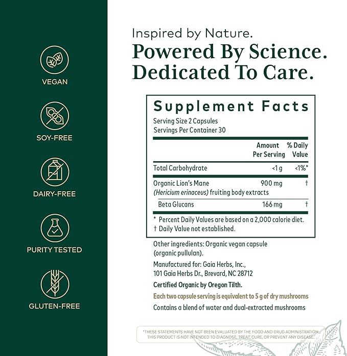 GAIA HERBS PRO Lion's Mane Mushroom - Supports Brain & Neurological Health* - Organic Mushrooms - 2,500mg Per Serving - Gluten-Free - 60 Capsules (30 Servings)
