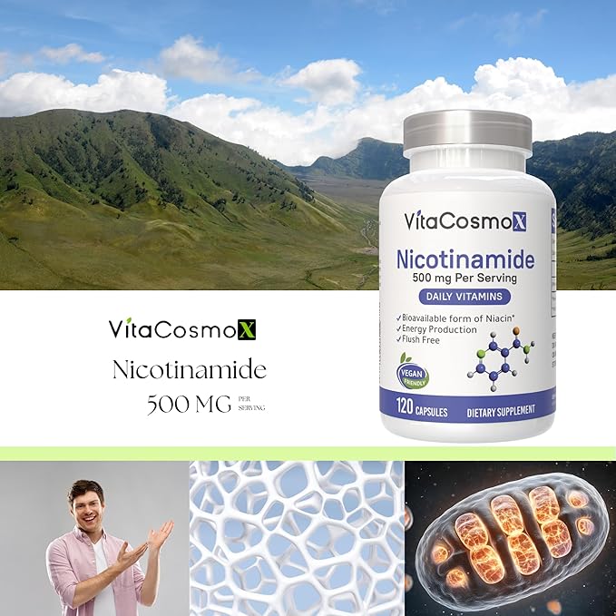 Nicotinamide 500mg Vitamin B3, 120 Capsules - Non-GMO, Gluten Free, Flush Free