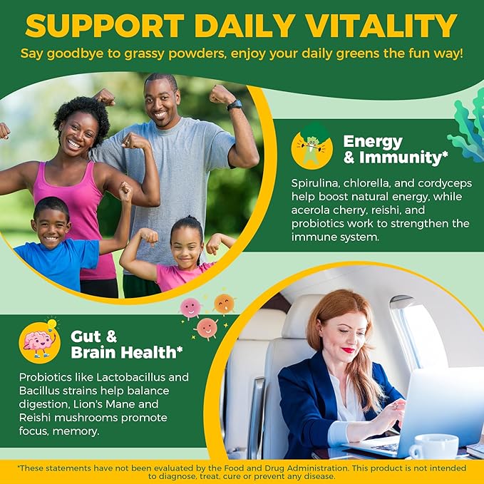 2 PACK Organic Super Greens Daily Superfood Gummies + Probiotics, Spirulina, Chlorella Spinach Broccoli, Prebiotic Fiber, Mushroom -Rich in Vitamins & Antioxidants - Digestive, Focus, Energy, No Sugar